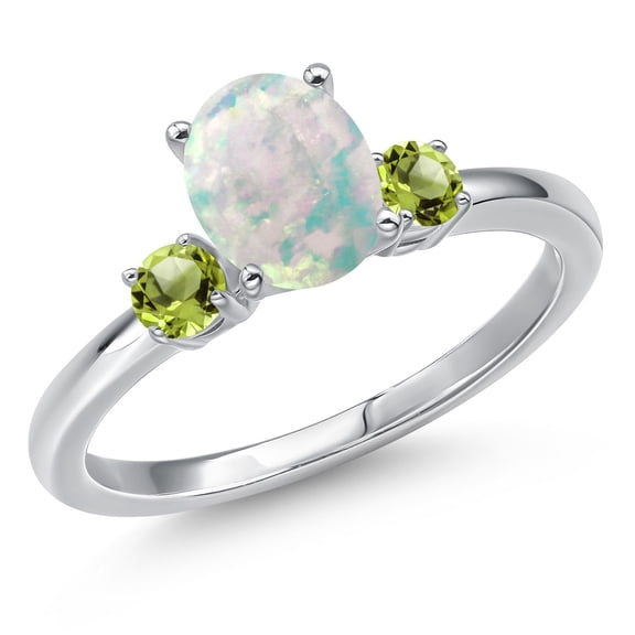 Gem Stone King 14K White Gold Simulated White Opal and Green Peridot Engagement Ring for Women | 1.24 Cttw | Oval Cabochon 8X6MM | Gemstone October Birthstone | Size 7