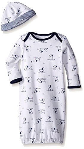 Little Me Baby Boys' Gown and Hat, White Print Puppy, 0-3 Months
