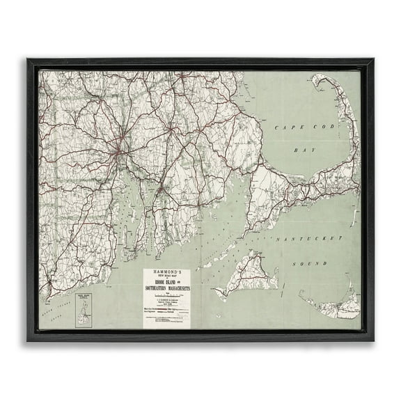 Stupell Industries Cape Cod & RI Map Cities & Countries Painting Black Floater Framed Canvas Art Print Wall Art, 21 x 17