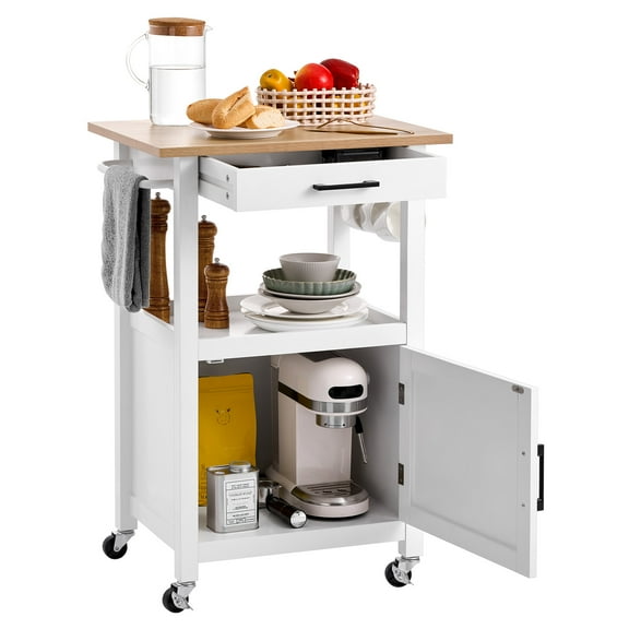 VEVOR Kitchen Island Cart with Single Door Cabinet, Mobile Carts with Drawer, Towel Rack, Hooks, Portable Table on Swivel Wheels,Small Coffee Islands Microwave Stand for Dining Room,18x23 in,White