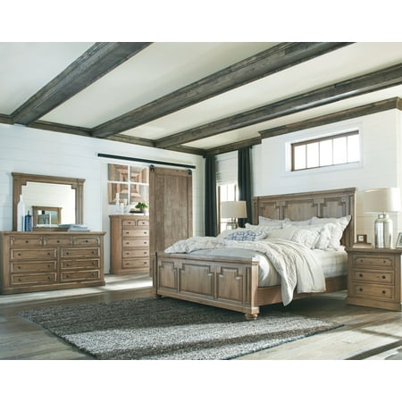 - Vintage Classic Florence Bedroom 4pc Set Queen Bed Panel Column Design Bedframe w Dresser Mirror Nightstand