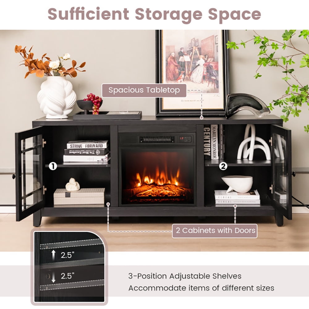 Finihen TV Stand, TV Cabinet, 58 Inch Fireplace TV Stand with Adjustable Shelves for TVs up to 65 Inch, Media Entertainment Center with Storage, for Living Room, Bedroom, Black