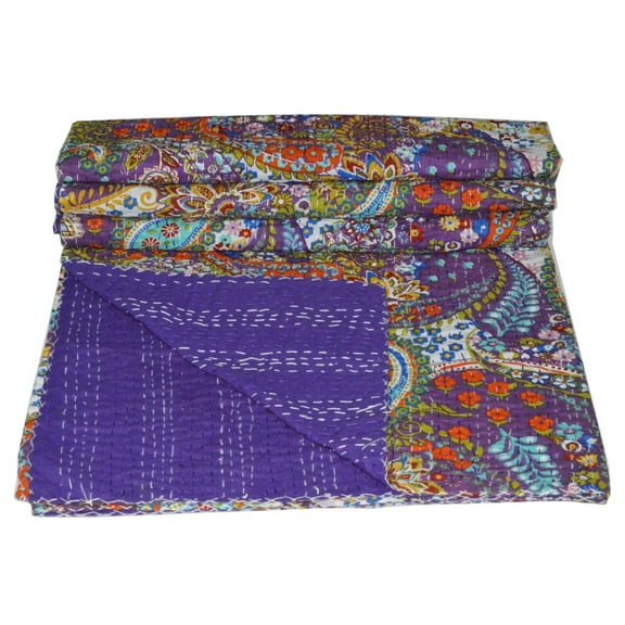 Indian Kantha Quilt Purple Paisley Print Cotton Kantha Throw Kantha Blanket Handmade Quilt Double Size Kantha Bedspread