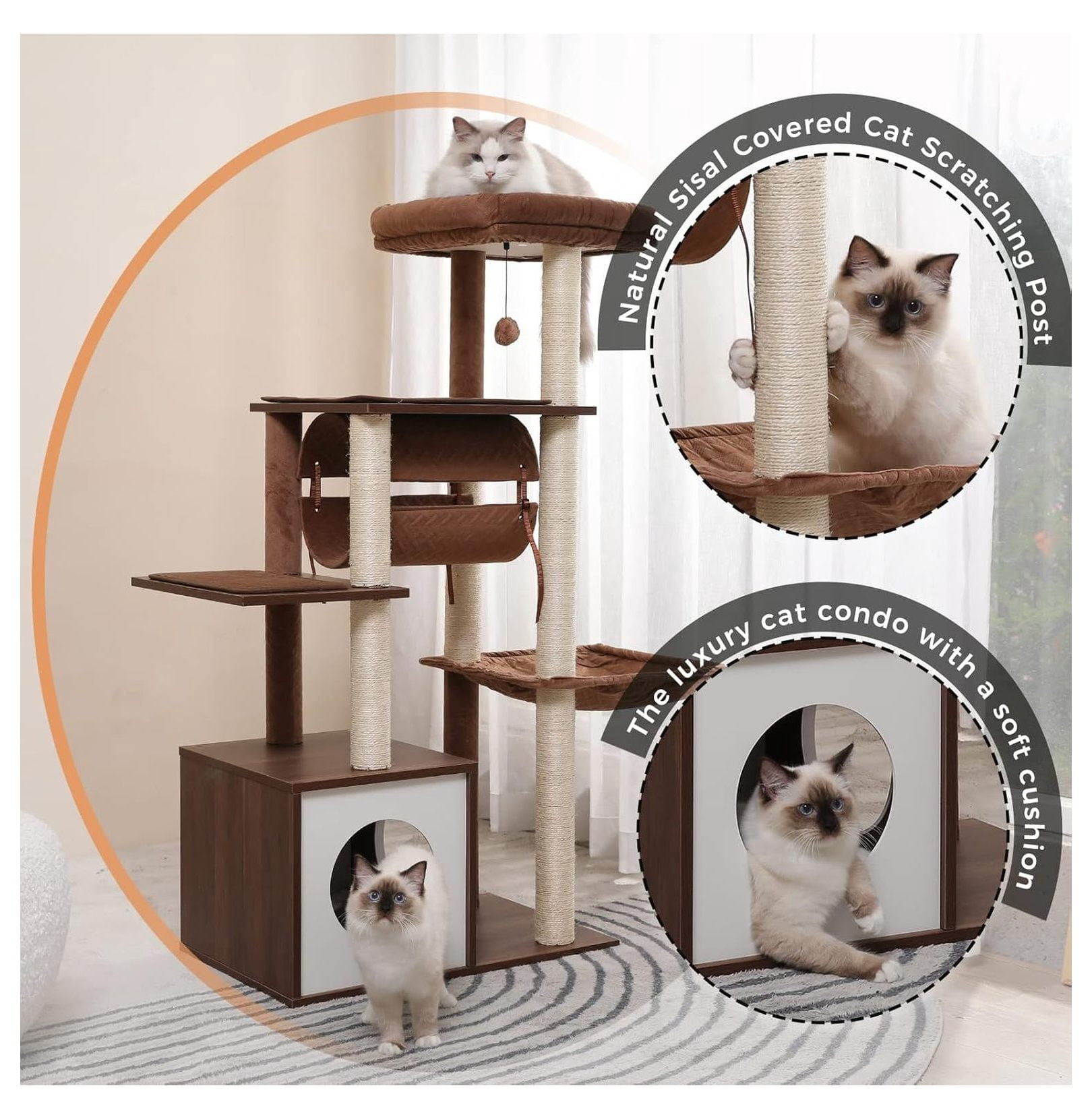 Cat Tree 51.4 Inch Modern Wooden Cat Tower, 6 Levels with Sisal Scratching Posts, Condo, Perch, Hammock & Tunnel - Brown