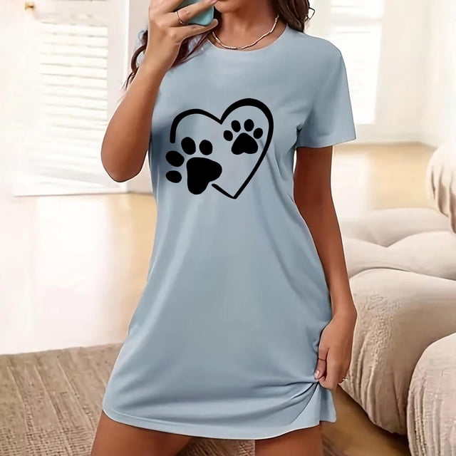 Weiqiqre Vêtements de Nuit pour Femmes Imprimé Cœur Manches Courtes Col Rond Chemises de Nuit Nuisette Robe de Nuit