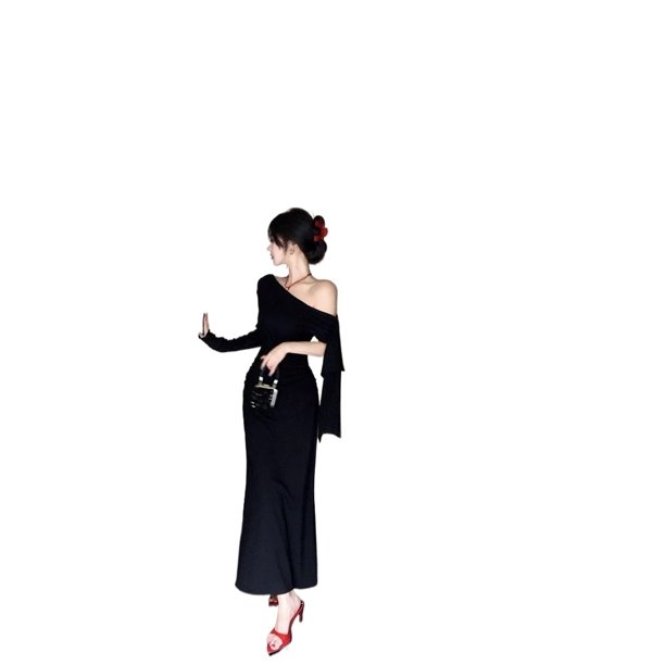 Wine Red Draped Asymmetrical Long Sleeve Dress For Women Spring Autumn