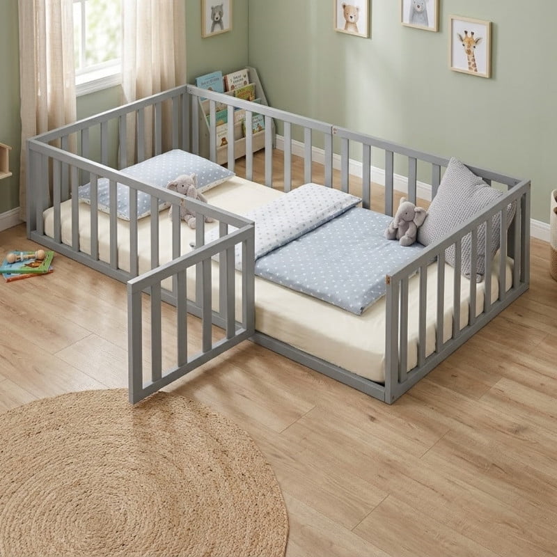 Twin Size Floor Bed Platform Bed with Fence and Door, Wood Montessori Bed Toddler Bed Playhouse Bed for Boys Girls, No Slats