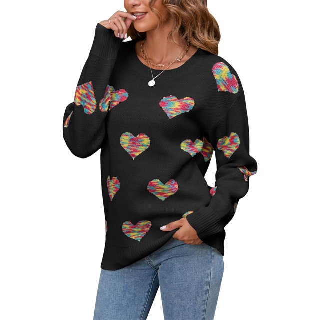 VISgogo, suéter de punto de manga larga para mujer, cuello redondo, patrón de corazones coloridos, prendas de punto holgadas, suéter de ganchillo informal para mujer VISgogo moda