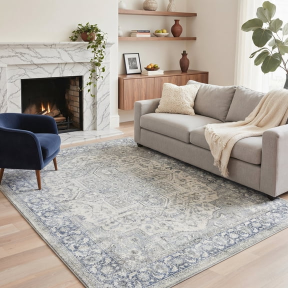 GENIMO 5'x7' Soft Persian Diamond Area Rug for Living Room, Machine Washable Non Slip Low Pile Rug for Bedroom Dining Room, Dusty Blue