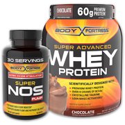 Body Fortress 2lb Chocolate Whey Protein Powder + 90ct Super Nos Pump Nitric Oxide Stimulator Bundle