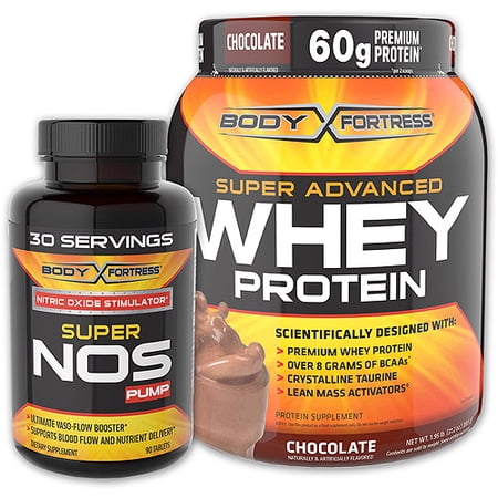 Body Fortress 2lb Chocolate Whey Protein Powder + 90ct Super Nos Pump Nitric Oxide Stimulator Bundle