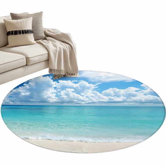 Ocean Blue Round Area Rug 4 FT, Non Slip Indoor Outdoor Rug, Beach Nature Coast Sea Shore Sky Seawater Washable Soft Circular Carpet Non-Shedding Floor Mat for Coffee Table Nursery Foyer Balcony