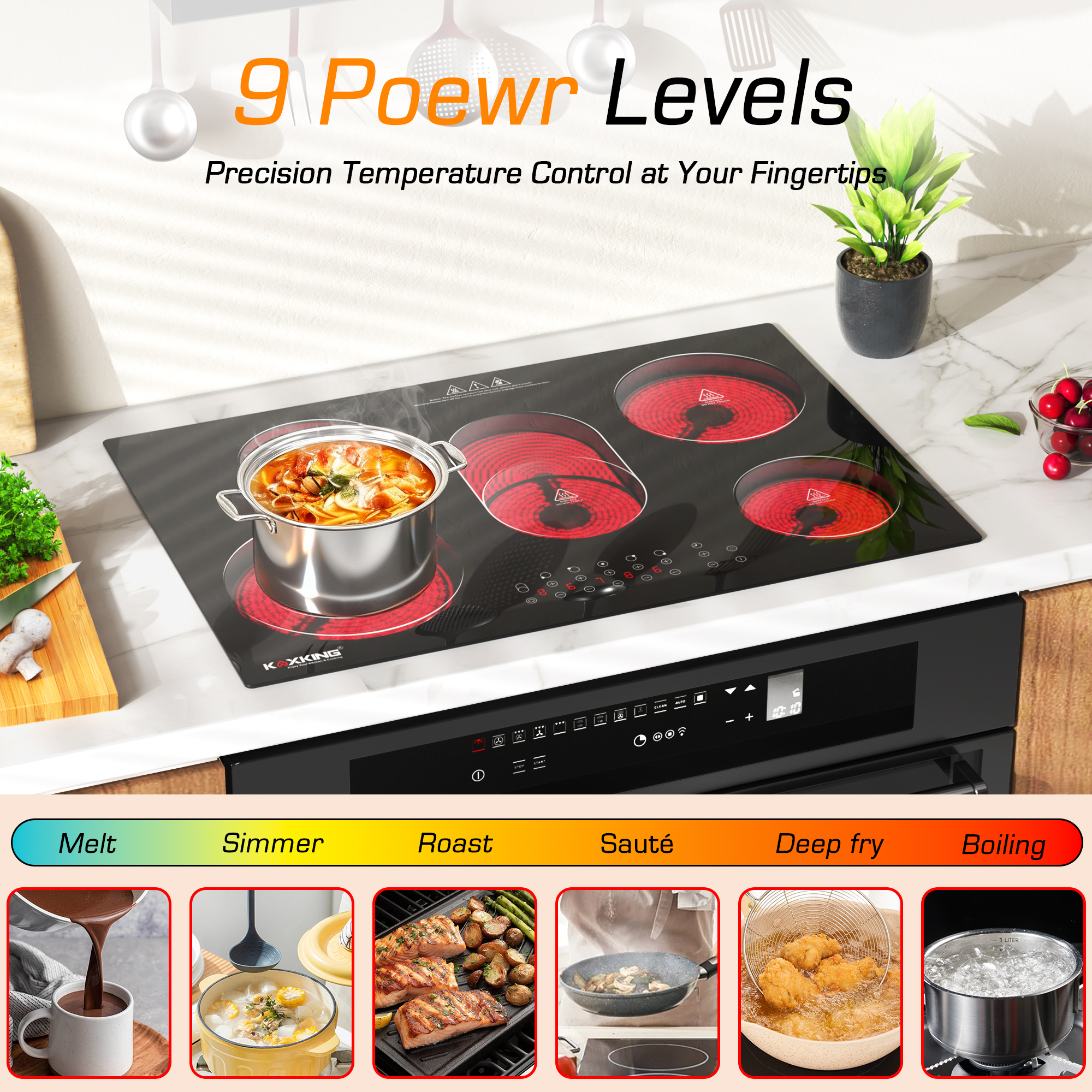 30 Inch Electric Cooktop 5 Burners, 8500W Built-in Radiant Ceramic Stove Top with Dual Expandable Heating Zone, Touch Control 9 Power Levels, Timer & Child Lock, Hard Wired 220-240V(NO PLUG)