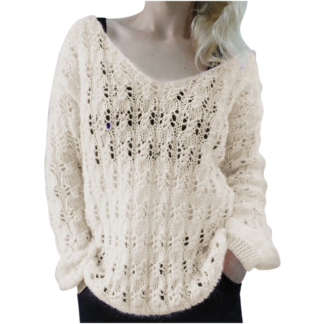 Mujer Tops Clásico Cuello en V Manga Larga Color Sólido Diamante Hueco Suéter Blusa Pompotops gfhjh11307