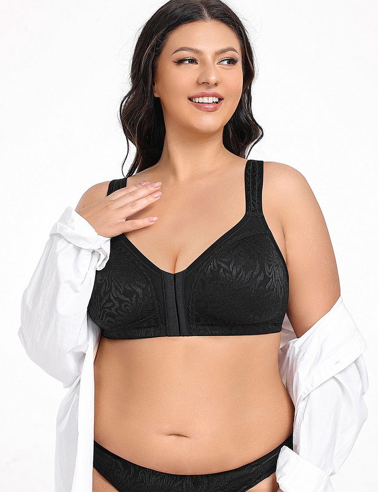 WingsLove Front Fastening Bras for Women Minimizer Wireless Non Padded Full Coverage Back Support Plus Size Bras (Black,42C)