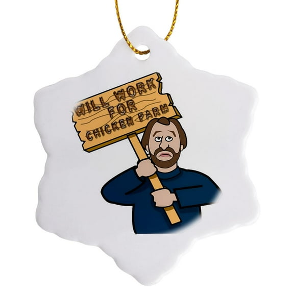 3drose, Funny Humorous Man Guy with a Sign Will Work for Chicken Parm, 3 inch Snowflake Porcelain Ornament