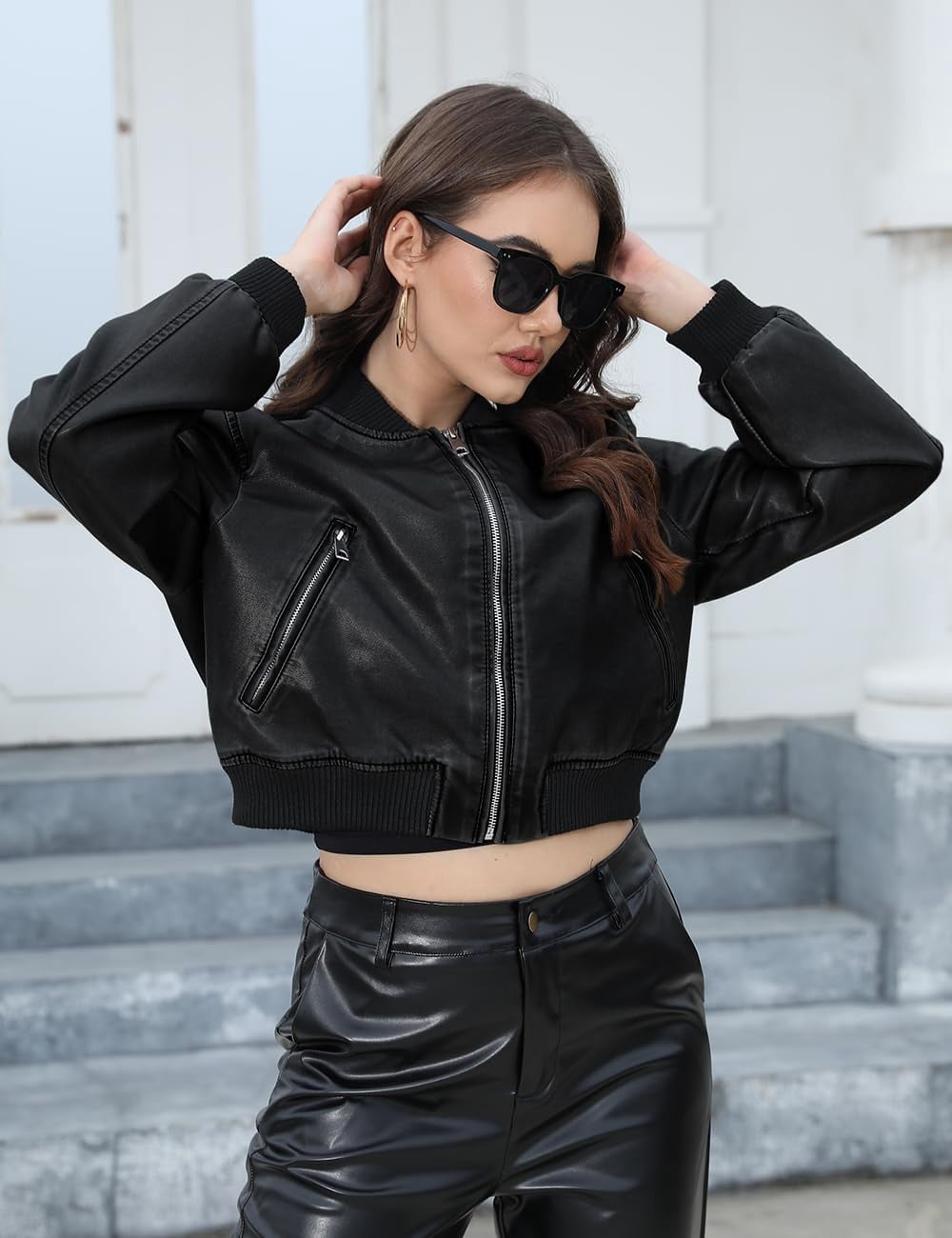 Giolshon Women's Cropped Faux Leather Jacket Bomber Casual Zip Up Coat PU Moto Bike Outwear with Pockets