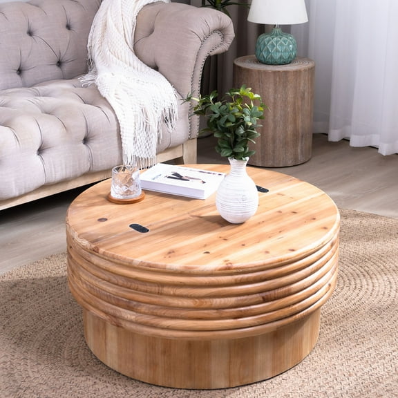 GDF Studio 30.3" Round Wooden Coffee Table with Hidden Storage, Lift-Top Center Table, Natural