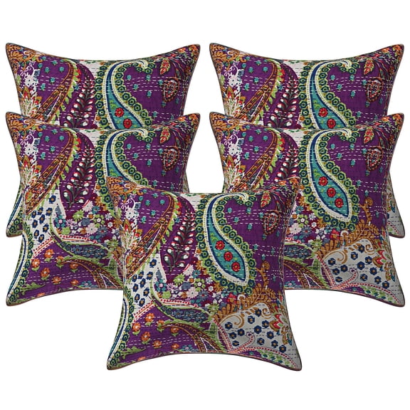 Stylo Culture Ethnic Couch Throw Pillow Covers 16x16 Floral Kantha Purple Printed 40 x 40 cm Home Decor Accent Pillowcase Cotton Paisley Square Cushion Covers | Set Of 5