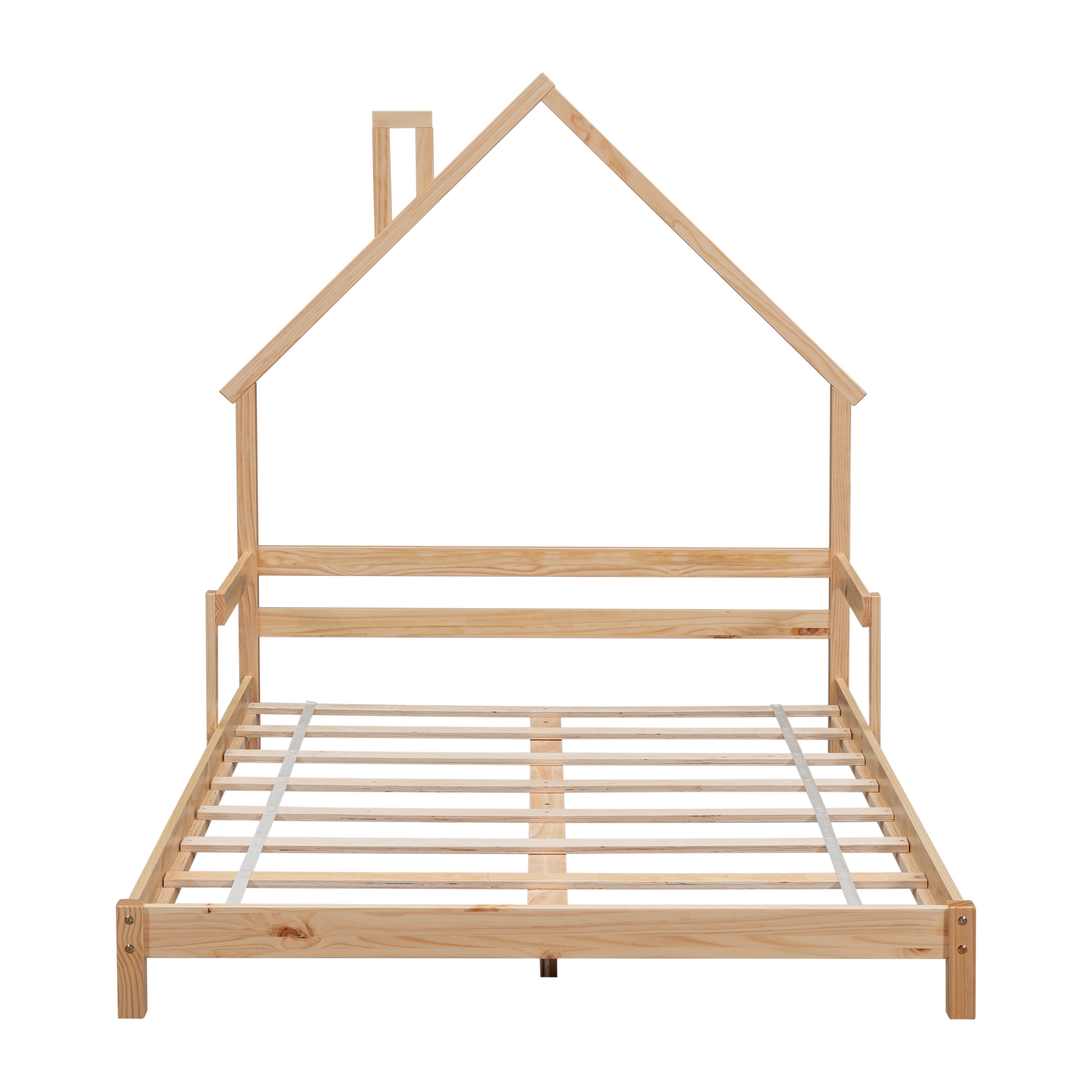 PORKISS Full Size House Bed, Wood Floor Bed Frame with House-Shaped Headboard, Modern Platform Bed with Handrails for Kids Teens Adults, No Box Spring Needed, Natural
