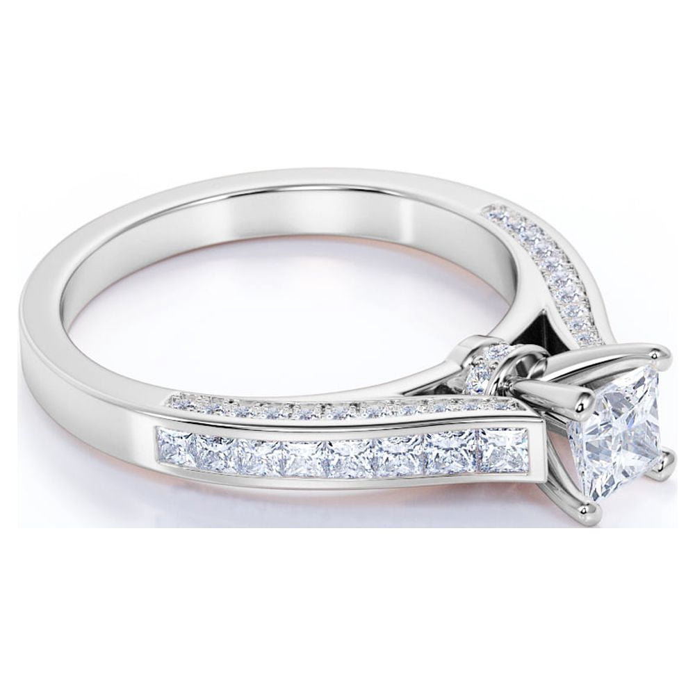 JeenMata Vintage 1 Carat Princess Cut Moissanite - Channel Set Band - Edwardian Engagement Ring in 18K White Gold over Silver