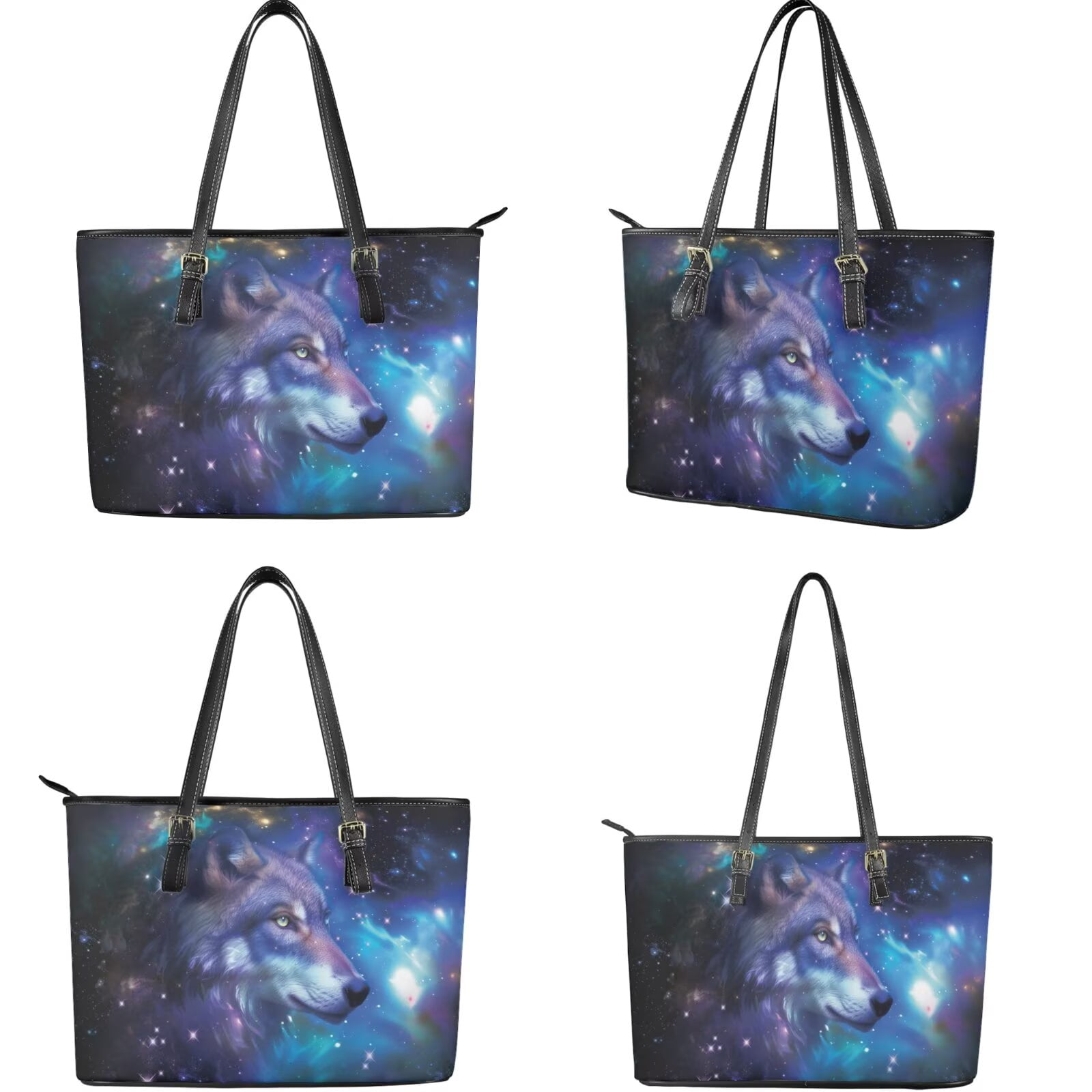 TSOVTHRID Wolf Star Galaxy Print Womens Handbag with Matching Wallet Large Shoulder Tote Bag Top Handle Purse Black Blue PU Leather Clutch Purse Satchel Handbag for Women