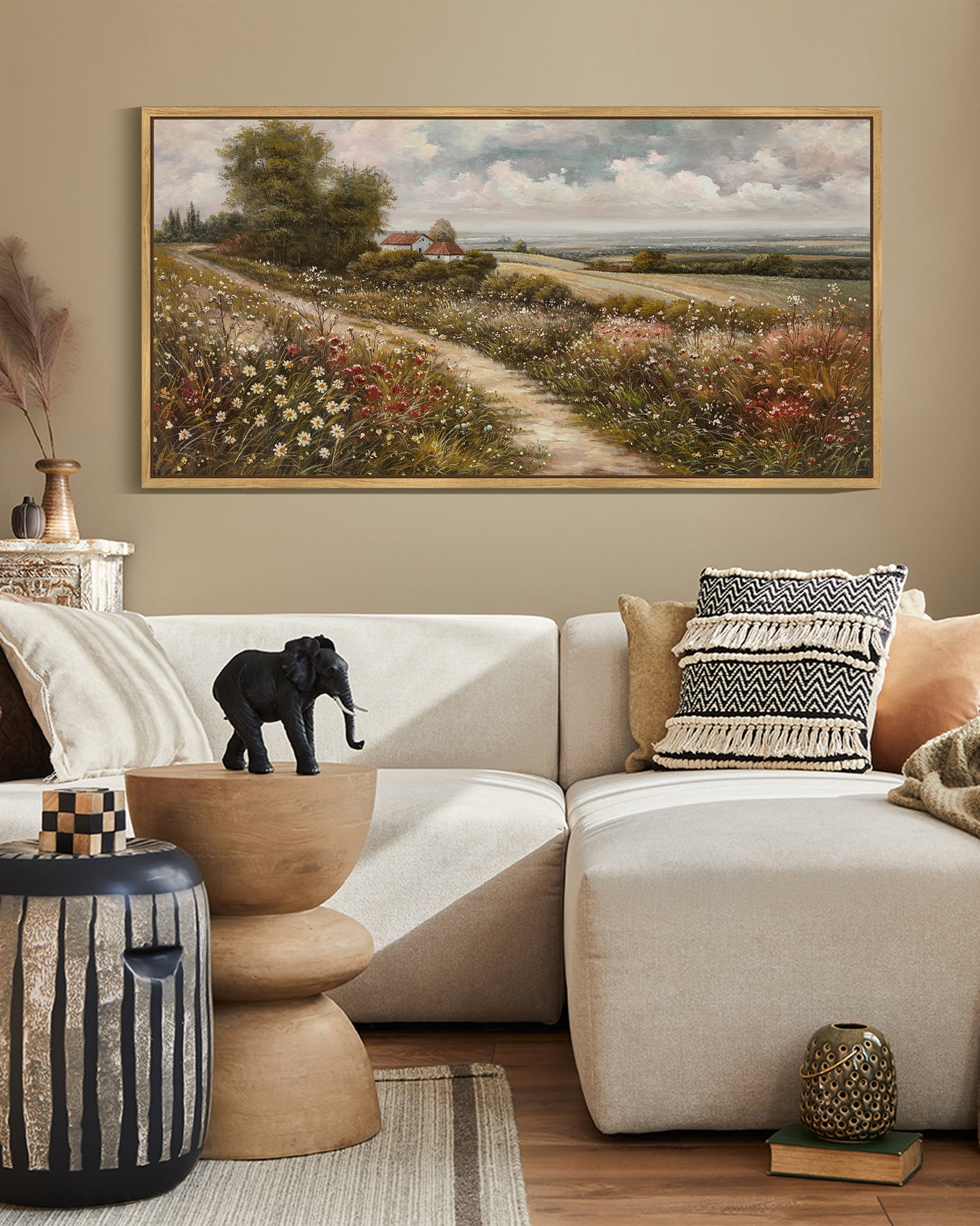 Drsoum 20x40in Natural Framed Vintage Rural wildflowers Wall Art Classic Retro rustic Landscape Wall Prints Hallways Dining Rooms Bedroom Living Rooms Decor