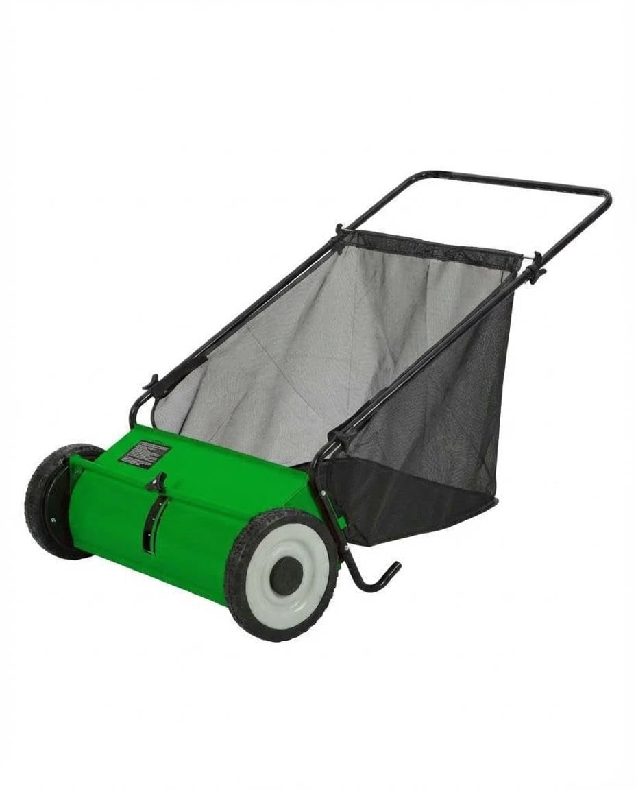 Green 21-Inch Push Lawn Sweeper, 3.5 Cu. Ft. Hopper Capacity Leaf & Grass Collector with 4 Spinning Brushes, Adjustable Height, for Grass Clippings, Leaves & Debris