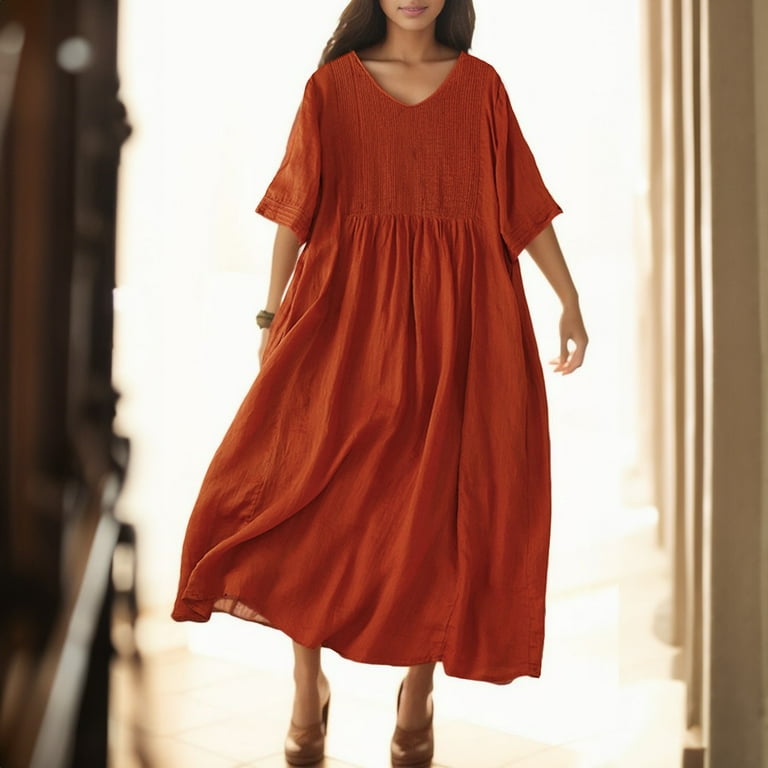 Midi Dresses for Women Summer New Vintage V Neck Loose Art Short Sleeve Dress Walmart