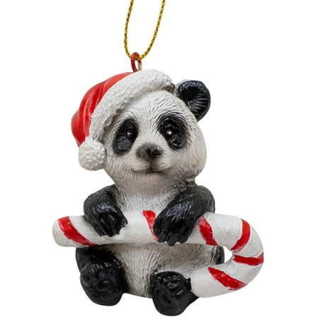 Panda Bear Holding Candy Cane Wearing Santa Hat Christmas Tree Ornament
