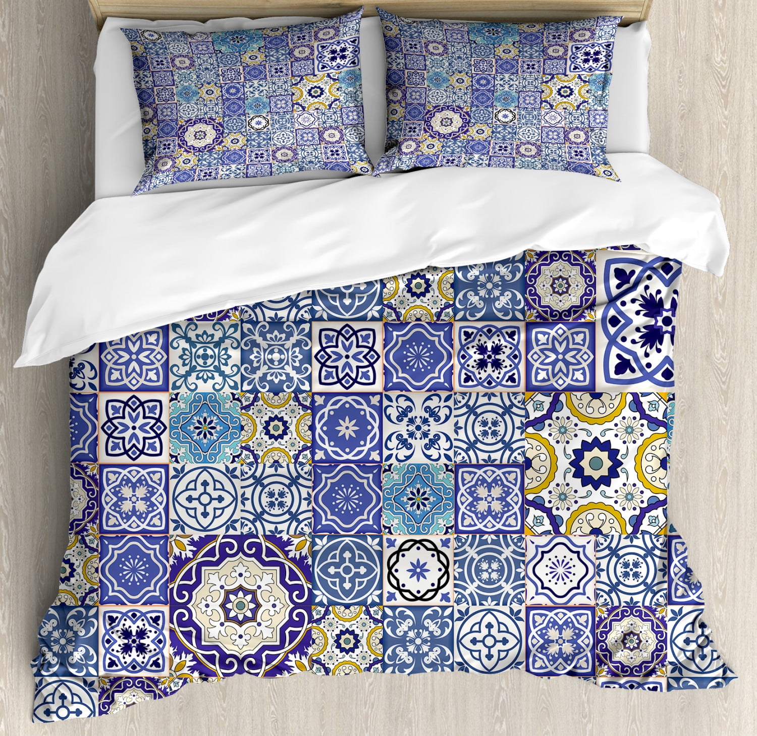 Blue Duvet Cover Set, Rich Pattern of Ancient Moroccan Tiles Patchwork