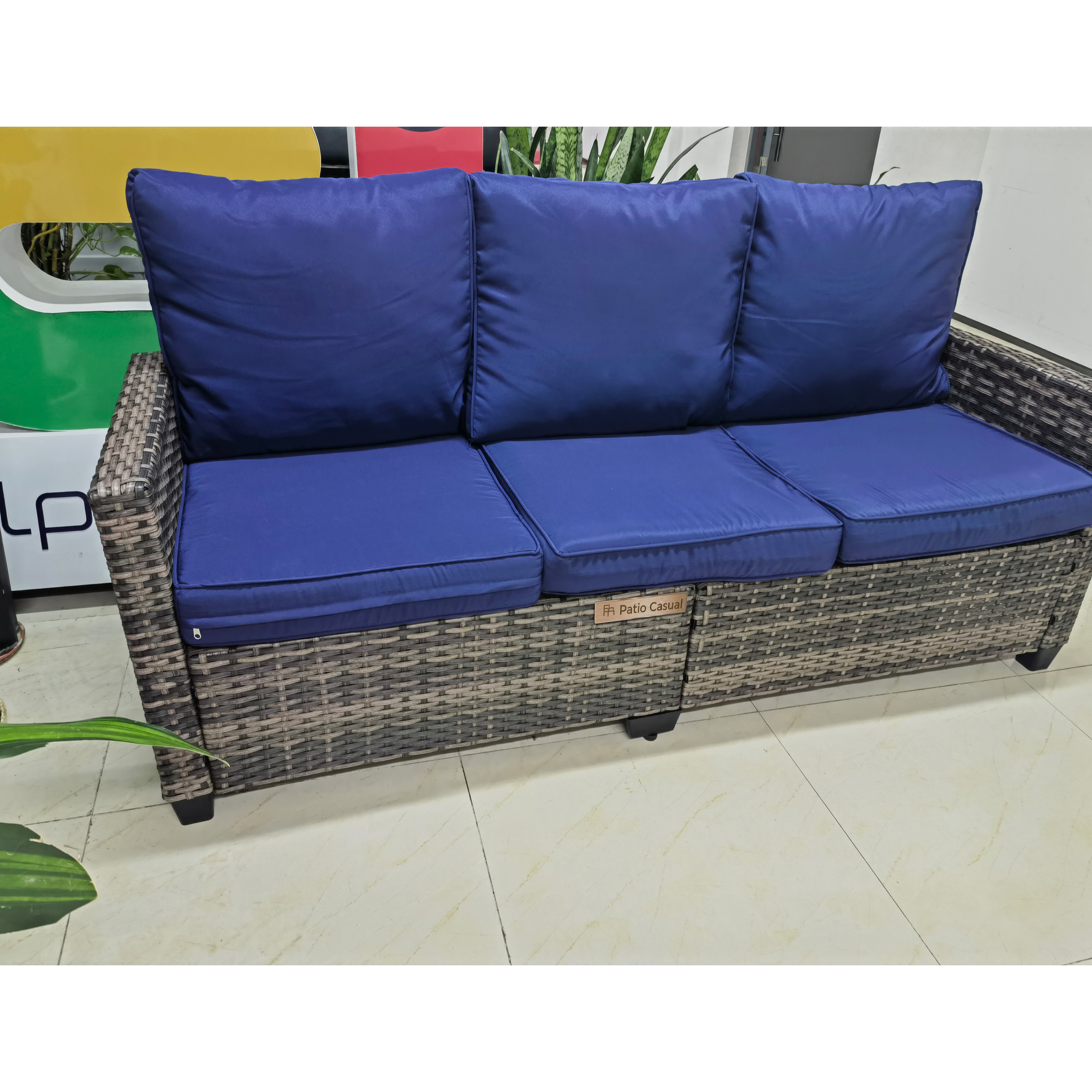 3-Seat All-Weather Outdoor Rattan Sofa with High Back, Premium Brown Wicker and Navy Blue Cushions for Garden