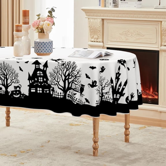 Halloween Tablecloth 60×84 Inch Oval, Castle Tree Scary Themed Washable Table Cover for Party Picnic Dinner Decor