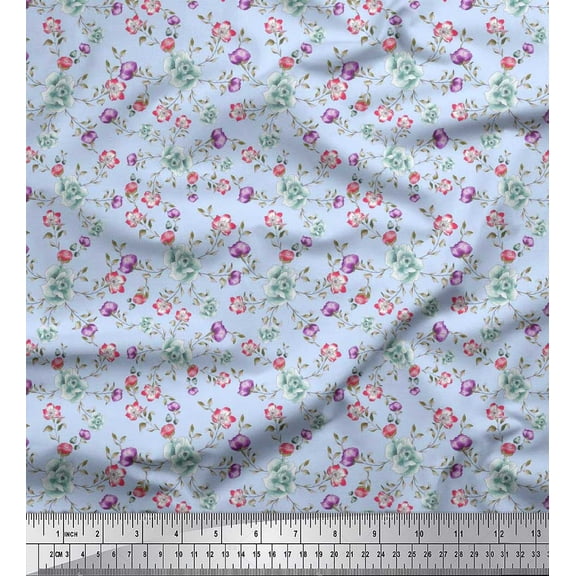 Soimoi Crepe Silk Fabric Leaves & Floral Night Wear Print Sewing Fabric Yard 42 Inch Wide