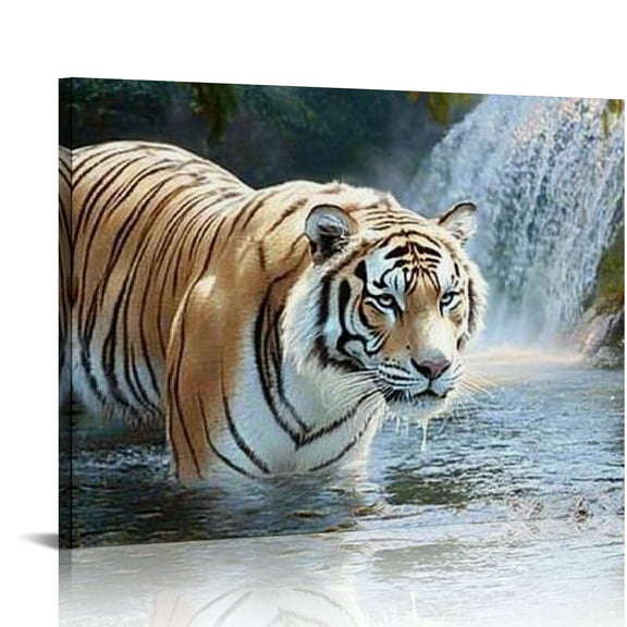 FCXZI White Tiger Picture Decor for Bedroom, Gorgeous Wall Art of Ivory Tigress in Pond, Wild Life Theme Canvas Painting Prints on Canvas Canvas painting 16x12in