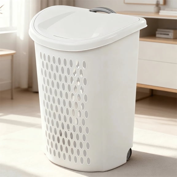 White Wheeled Laundry Hamper: Plastic   Handle For Bedroom/Bathroom Easy Transport