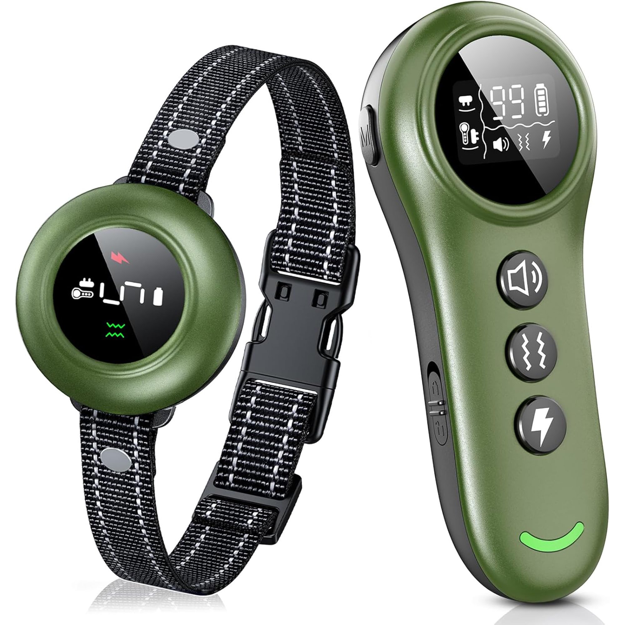 2-in-1 Dog Shock Collar & Dog Bark Collar - Smart Anti Barking Dog Training Collar with 5 Adjustable Sensitivity & 3300FT Remote for All Breeds IP67 Waterproof Rechargeable E-Collar (Green)