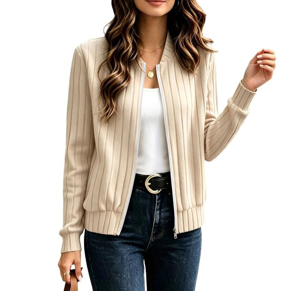 Fnooota Women Ribbed Knit Zip Up Jackets, Casual Crew Neck Long Sleeve Fall Cardigan Jackets Beige Size L