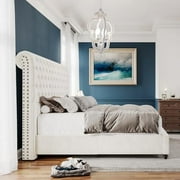 VanAcc 52.8 High Upholstered Bed Frame Queen Size Platform Sleigh Bed with Deep Button Tufted Headboard/Easy Assembly/Cream