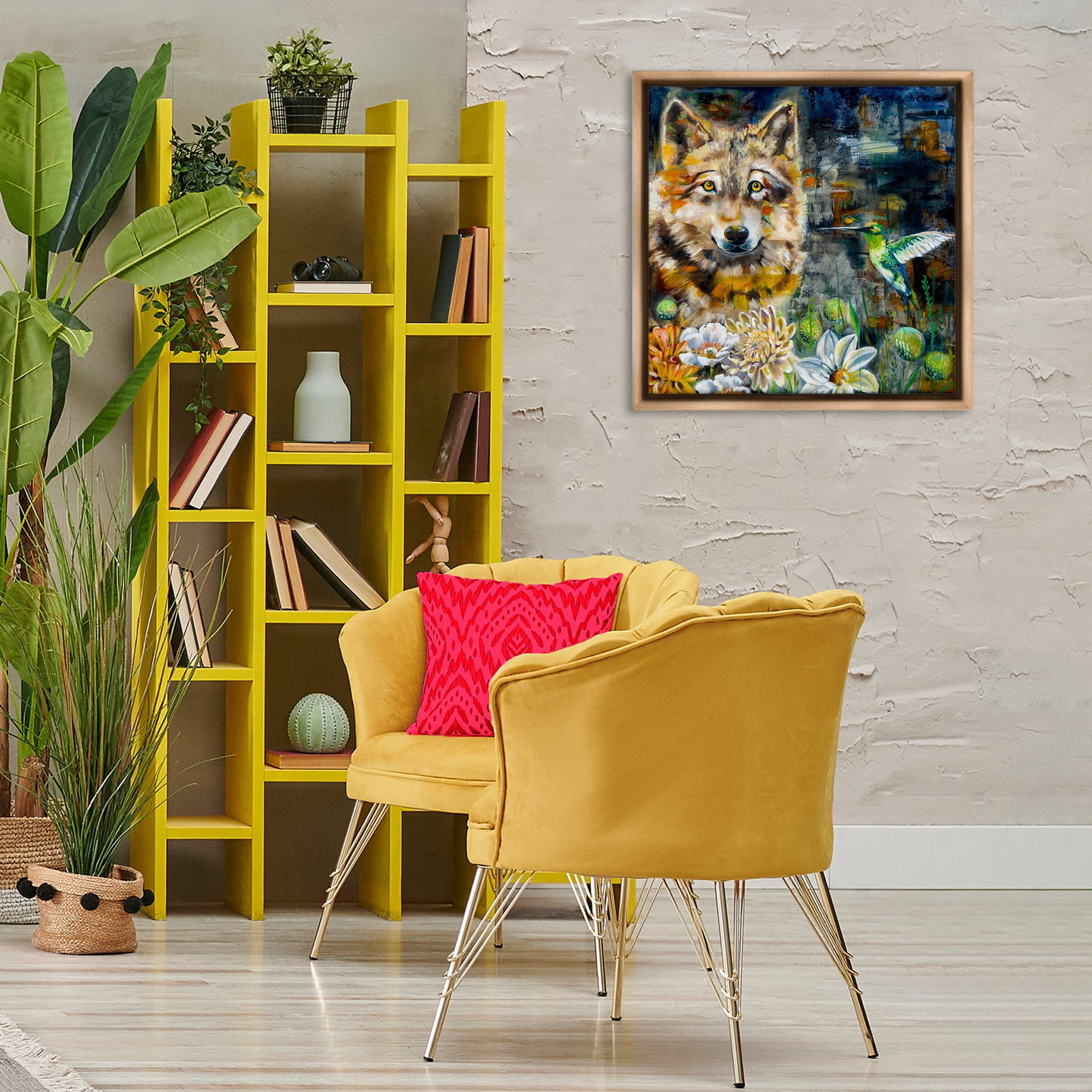 Stupell Industries Beautiful Wolf & Hummingbird Animals Painting Brown Floater Framed Canvas Art Print Wall Art, 25 x 25