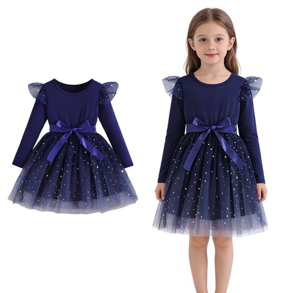 Girls Tutu Dress Ruffles Long Sleeve Blue Dresses Sequin Tulle Dress Girls Fall Dress for Girls 7-8 Years