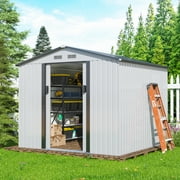 JAXSUNNY 8' x 8' Outdoor Storage Shed Metal Garden Sheds & Outdoor Storage with Sliding Doors for Backyard, Patio, Lawn, White