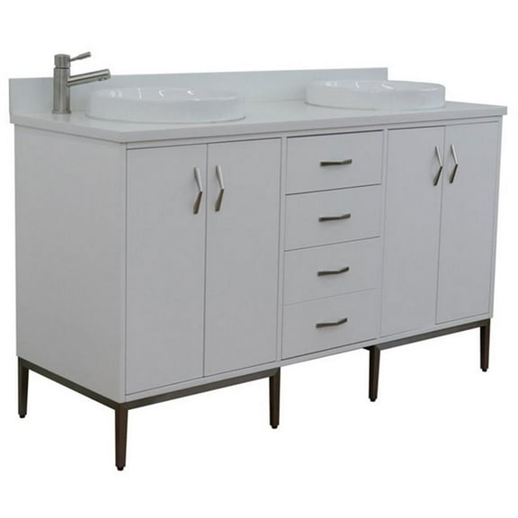 Tivoli 61" Double Round Sink Solid Wood Vanity in White/White Quartz Stone