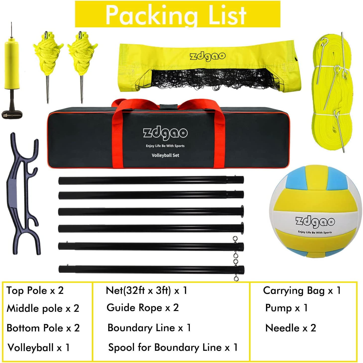 Portable Beach Backyard Volleyball Net System, Complete Set