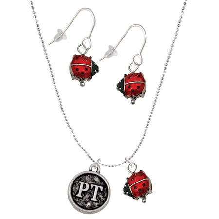 Delight Jewelry Silvertone Physical Therapist Caduceus Seal – PT Red Lucky Ladybug Necklace and Dangle Earrings Set