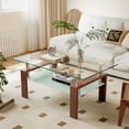 thumbnail image 1 of QJTC Rectangle Glass Coffee Table with Storage Shelf, Clear Coffee Table with Walnut Metal Legs for Living Room, 1 of 10