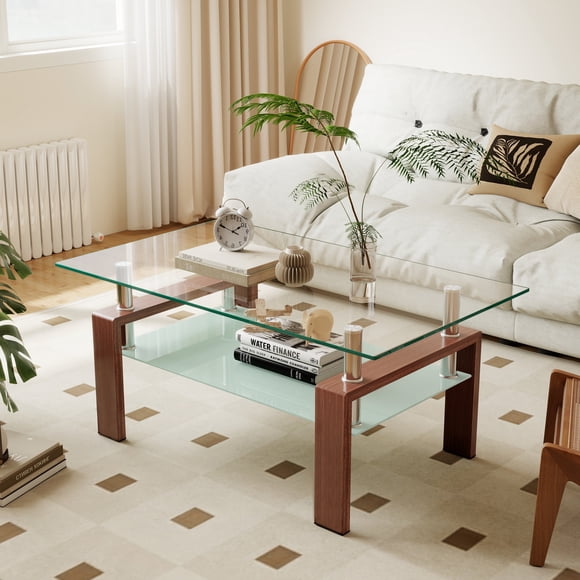 QJTC Rectangle Glass Coffee Table with Storage Shelf, Clear Coffee Table with Walnut Metal Legs for Living Room