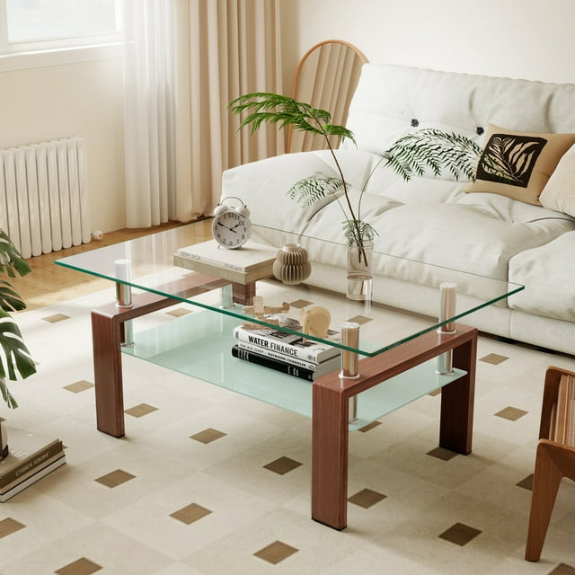 QJTC Rectangle Glass Coffee Table with Storage Shelf, Clear Coffee Table with Walnut Metal Legs for Living Room