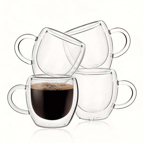 2.5 oz Double Walled Borosilicate Glass Espresso Cups with Handle, Set of 4, Clear Insulated Espresso Shot Glasses, Coffee Drinkware for Espresso Lovers