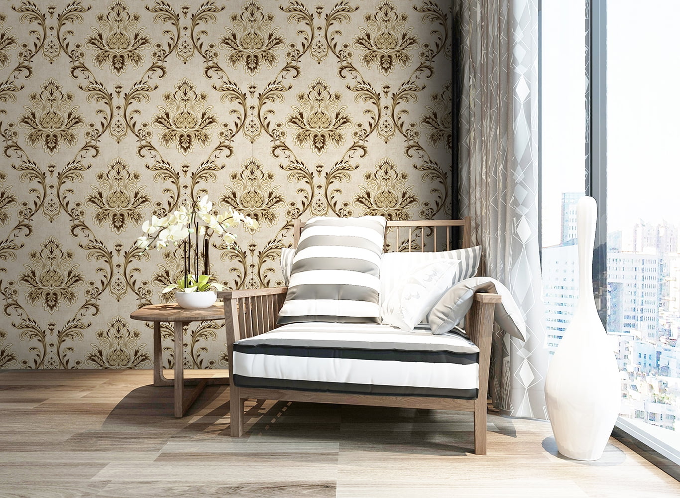 Beige/Gold/Brown/Yellow Damask Embossed Textured Thick Wallpaper Roll for Living Room Bedroom Decorative 20.86“ x 32.8'